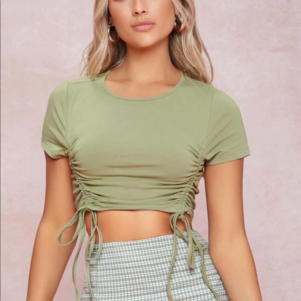 green ruched drawstring top
